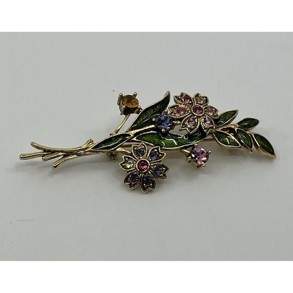 Brooch Pin flowers multicolor enamel w rhinestones Goldtone 2.25" - Picture 1 of 7